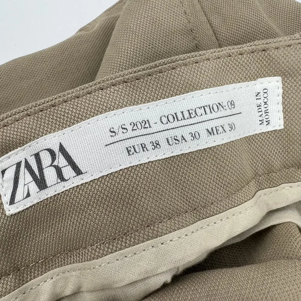 Zara Studio Collection Linen Blend Trouser Pant Womens 30 Tan Pleated High Waist